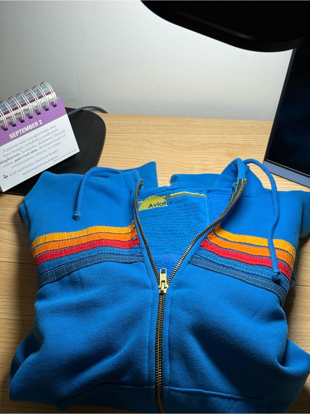 Aviator Nation Kids Electric Blue Zip Hoodie with Red, Orange & Yellow Stripes
